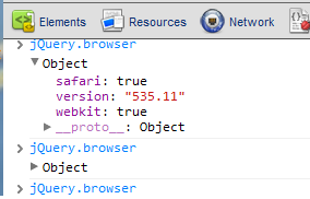 צילום מסך של אובייקט jQuery.browser