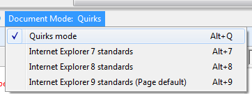 כלי הדפדפנים של אקספלורר מרנדר את הדף כ Quirks mode