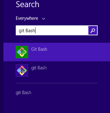 הדגמה של חיפוש git bash בחלונות 8. התוכנה הזו מותקנת אוטומטית בכל חלונות בהתקנת git