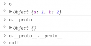 o Object {a: 1, b: 2} o.__proto__ Object {} o.__proto__.__proto__ null
