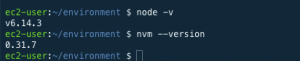 ec2-user:~/environment $ node -v v6.14.3 ec2-user:~/environment $ nvm --version 0.31.7
