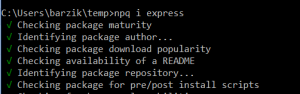 npq i express √ Checking package maturity √ Identifying package author... √ Checking package download popularity √ Checking availability of a README √ Identifying package repository... √ Checking package for pre/post install scripts