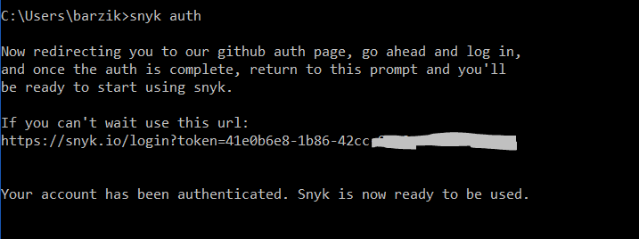 Your account has been authenticated. Snyk is now ready to be used.
