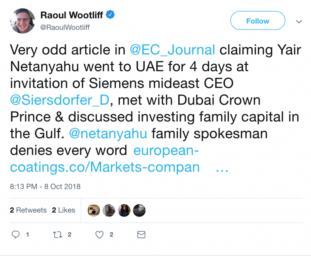 Very odd article in @EC_Journal claiming Yair Netanyahu went to UAE for 4 days at invitation of Siemens mideast CEO @Siersdorfer_D, met with Dubai Crown Prince & discussed investing family capital in the Gulf. @netanyahu family spokesman denies every word