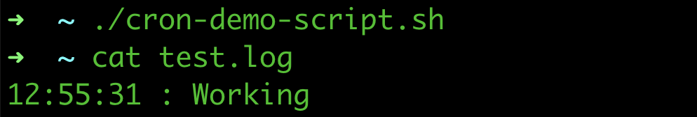 ➜  ~ ./cron-demo-script.sh
➜  ~ cat test.log
12:55:31 : Working