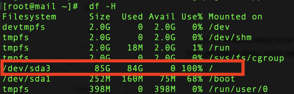 /dev/sda3        85G   84G     0 100% /
