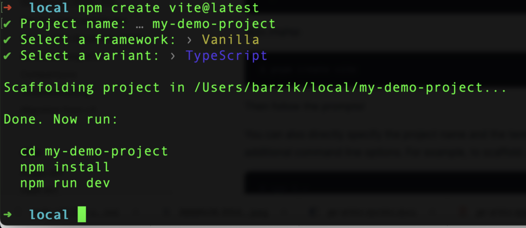 npm create vite@latest                              
✔ Project name: … my-demo-project
✔ Select a framework: › Vanilla
✔ Select a variant: › TypeScript

Scaffolding project in /Users/barzik/local/my-demo-project...

Done. Now run:

  cd my-demo-project
  npm install
  npm run dev