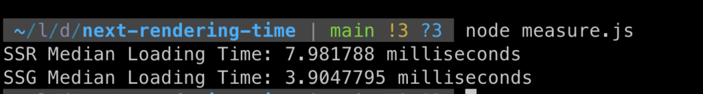 node measure.js                    ok
SSR Median Loading Time: 7.981788 milliseconds
SSG Median Loading Time: 3.9047795 milliseconds