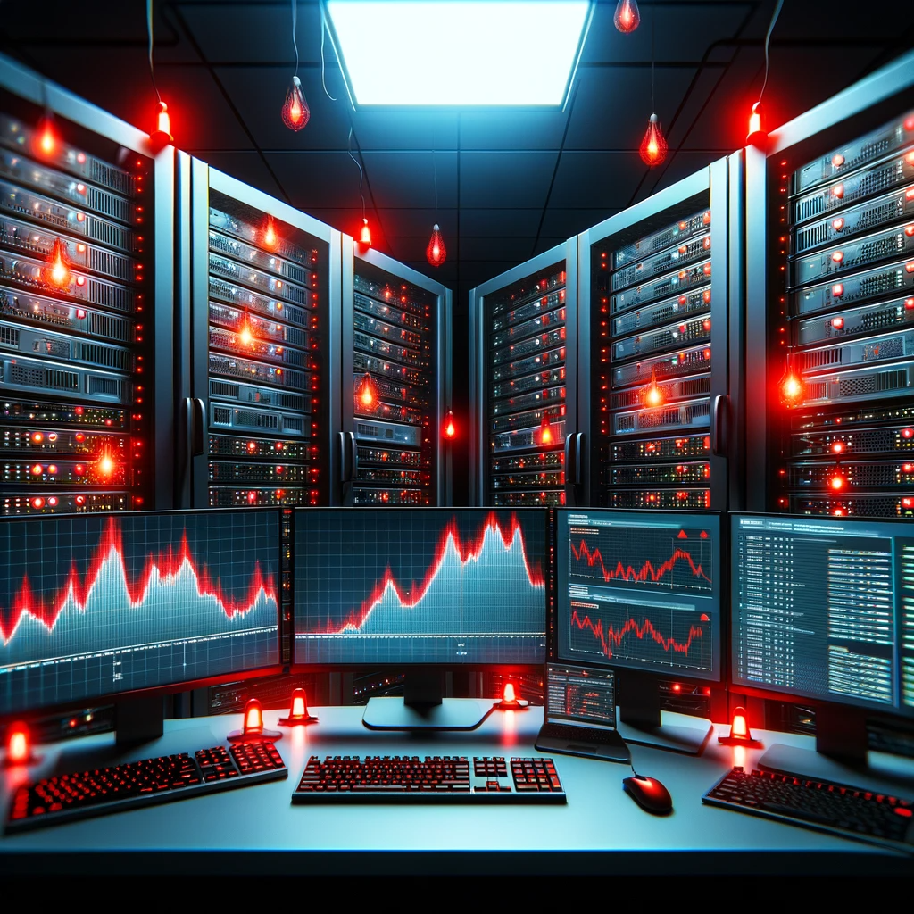 DALL·E 2023-10-21 22.28.58 - Photo of a computer server room with red warning lights flashing, indicating a potential cyber threat. Multiple screens display graphs showing a sudde