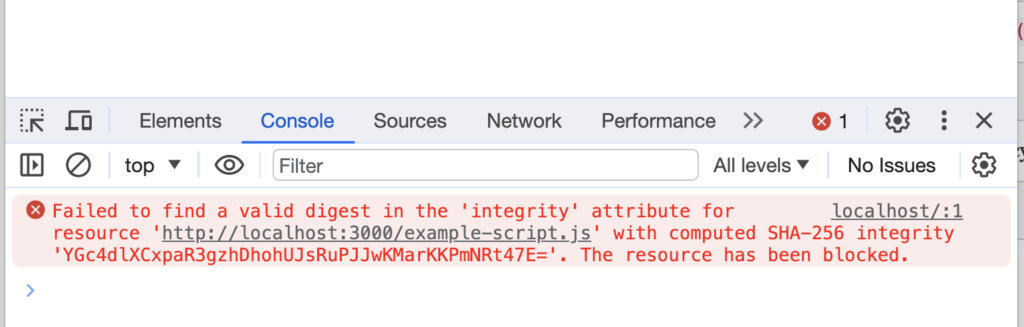 שגיאת
localhost/:1 Failed to find a valid digest in the 'integrity' attribute for resource 'http://localhost:3000/example-script.js' with computed SHA-256 integrity 'YGc4dlXCxpaR3gzhDhohUJsRuPJJwKMarKKPmNRt47E='. The resource has been blocked.