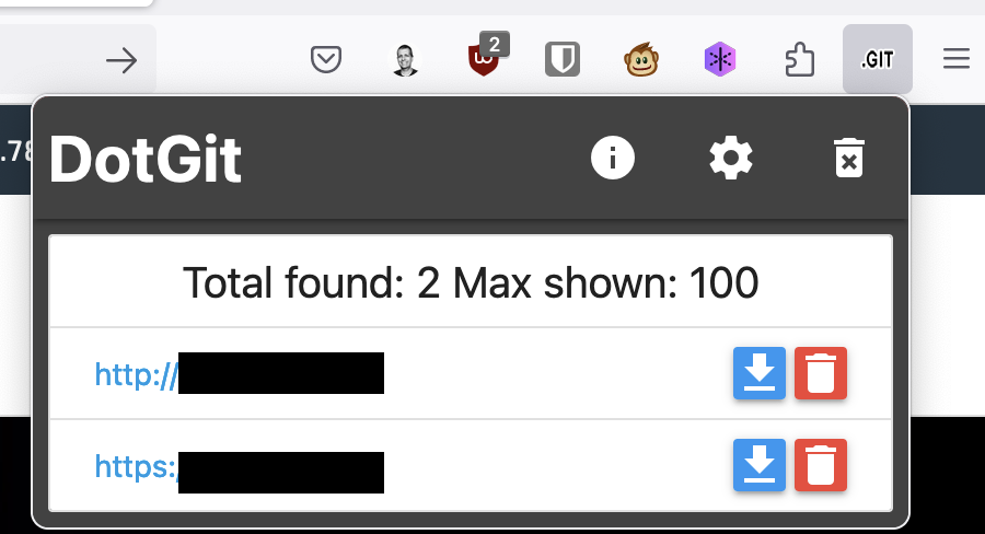 דוגמה של תוסף dotgit אחרי שהוא מוצא קבצים. פשוט כתוב Total found: 2 ואז רשימת הקבצים.