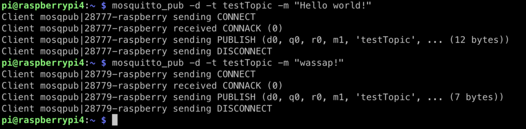 המחשה של השליחה של ההודעות. שתי פקודות שמפבלשות ל testTopic עם התוכן: Hello World ו wassap.