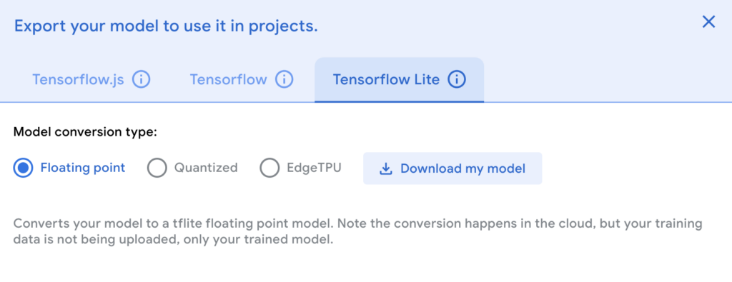 ייצוא מודל Tensorflow Lite ב-teachablemachine