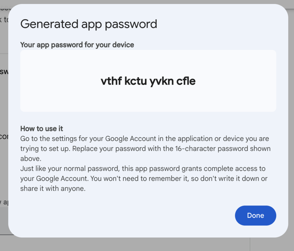 מתוך גוגל - צפייה בסיסמה של Generated app password.