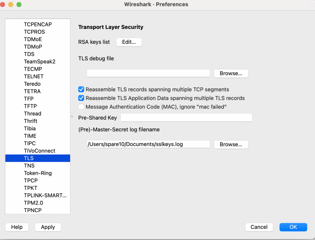 מסך הגדרות של wireshark שבו ב-Pre Master secret log filename יש ~/Documents/sslkeys.log