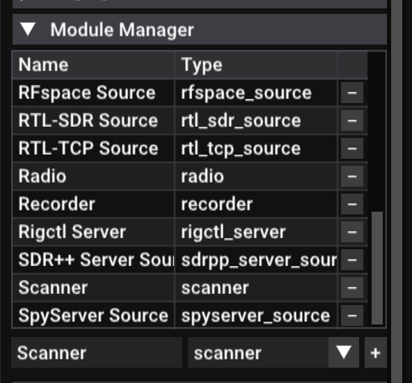 הגדרות ה-Module Manager - רשימה של המודולים והוספה של Scanner