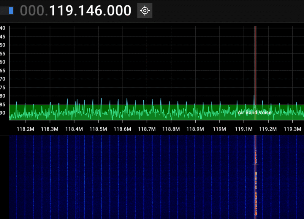 צילום מסך מתוך SDR++ באותו תדר 119.146 MHz. הספקטרום חלק כמעט ללא שיאים, וב־Waterfall רואים רק קווים כחולים חלשים ללא פס אדום־צהוב. אין סימן לשידור פעיל.
