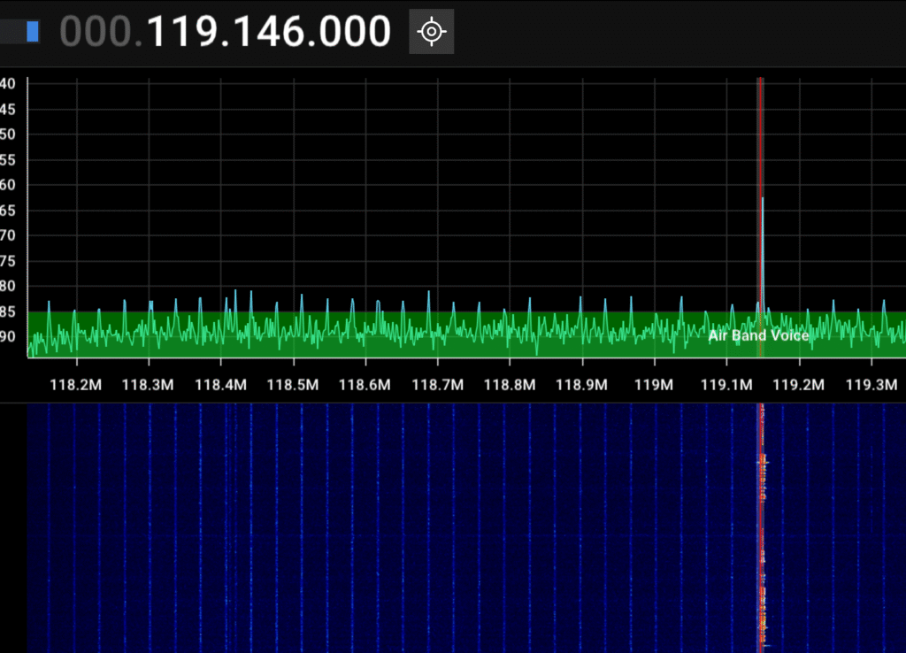 צילום מסך מתוך SDR++ בתדר 119.146 MHz. בספקטרום למעלה מופיע קו אנכי גבוה באזור 119.1MHz, וב־Waterfall למטה נראה פס צבעוני אדום־צהוב שמצביע על שידור פעיל. בצד מוצג כיתוב “Air Band Voice”.