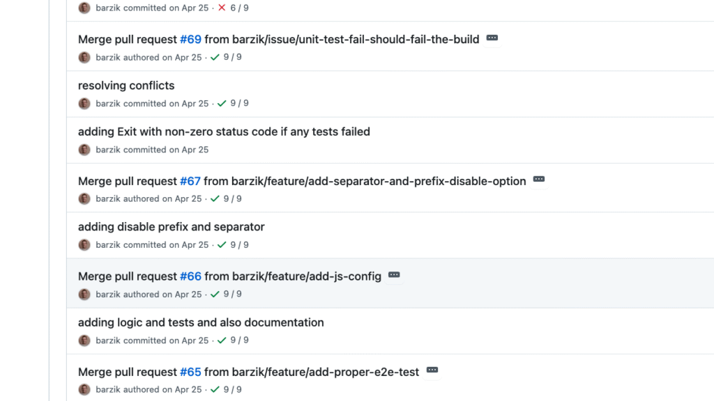 צילום מסך של היסטוריית ה-Commits (שינויי קוד) בממשק המשתמש של GitHub. התמונה מציגה רשימה אנכית של פעולות שבוצעו על ידי המשתמש 'barzik' בתאריך 25 באפריל. הרשימה כוללת מיזוג של מספר בקשות משיכה (Pull Requests #65, #66, #67, #69), הודעות על פתירת קונפליקטים בקוד, והוספת לוגיקה ובדיקות. ליד כל שורה מופיע סימון וי ירוק (9/9) המעיד על כך שהבדיקות האוטומטיות עברו בהצלחה.