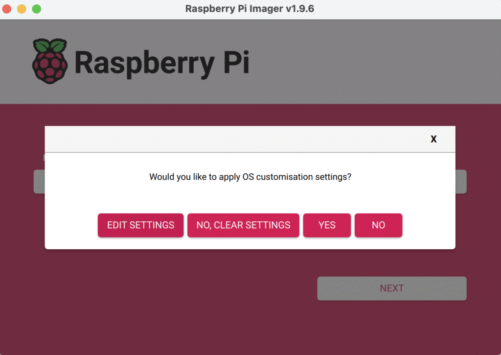 הגדרות נוספות בתפריט של Raspberry Pi Imager