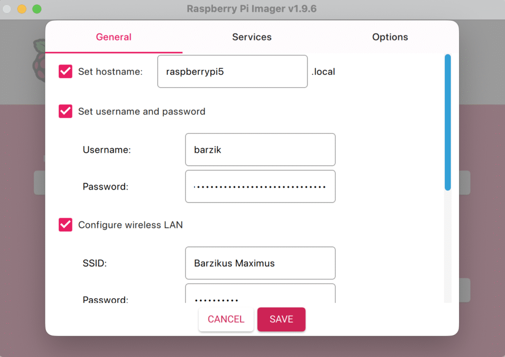 הגדרות כלליות בתפריט של Raspberry Pi Imager - פה רואים אפשרות להגדיר שם משתמש, סיסמה של מערכת ההפעלה וגם של ה Wireless